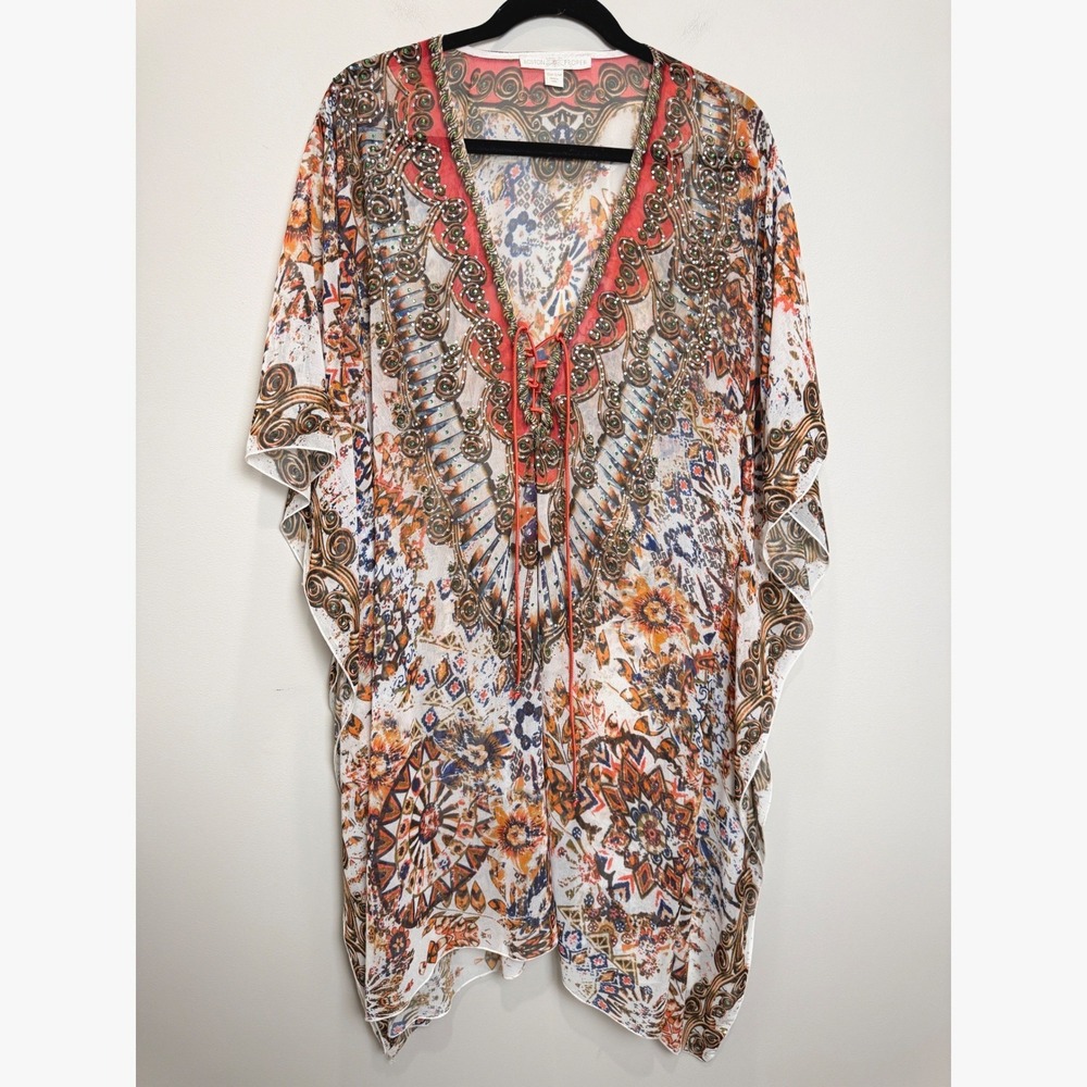 Boston Proper S/M Kaftan Cover Up Multicolor Embellished Boho Chic Sheer‎ Pool